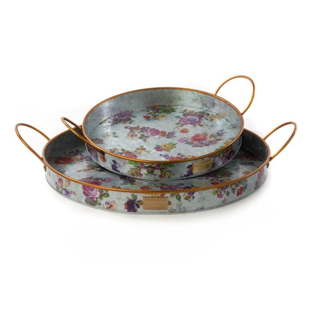 Brand New Mackenzie Childs Flower Market Galvanized Serving Trays, Set of 2